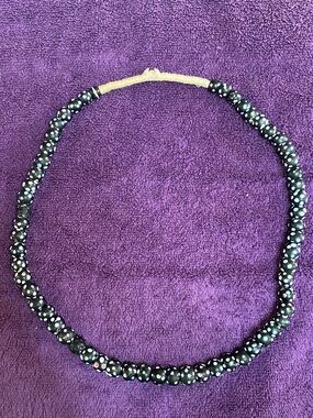 Handcrafted Black Beaded Necklace with White Dot Accents